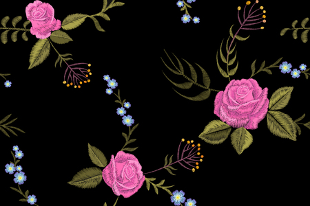 Rose flower embroidery texture seamless pattern.のイラスト素材
