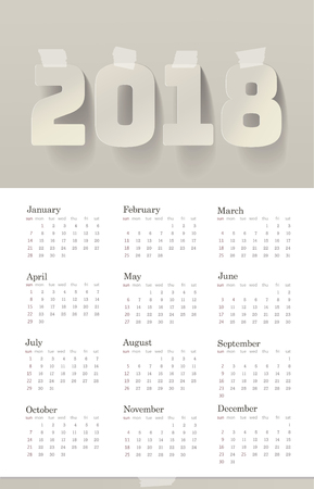 2018 Year Calendar Paper Art Style Design Adhesive Masking Paper Sticky Strip Tapes. White Gray Shadows. Week starts from Sunday. Vector illustrationのイラスト素材