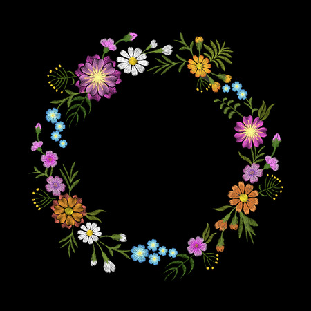 Floral blue violet daisy embroidery round arrangement. Vintage Victorian flower ornament fashion textile decoration. Stitch texture vector illustrationのイラスト素材