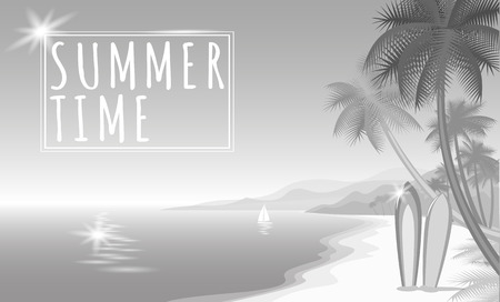 Summer sea palm beach gray white monochrome web banner. Sand seashore blue water wave sunshite hot day surf boards boat. Neutral background vector illustrationのイラスト素材