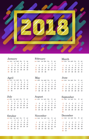 2018 Calendar Template. Week starts Sunday. Set of 12 Months. Portrait vertical orientation. Disco Colorful Trendy Motion Shapes Dynamic Design Vector illustrationのイラスト素材