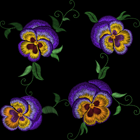 Pansy embroidery flower patch. Stitch texture effect. Traditional floral fashion decorationseamless pattern. Purple violet yellow color black background vector illustrationのイラスト素材