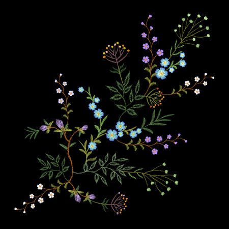 Embroidery trend floral pattern small branches herb leaf with little blue violet flower. Ornate traditional folk fashion patch design neckline blossom black background vector illustration artのイラスト素材