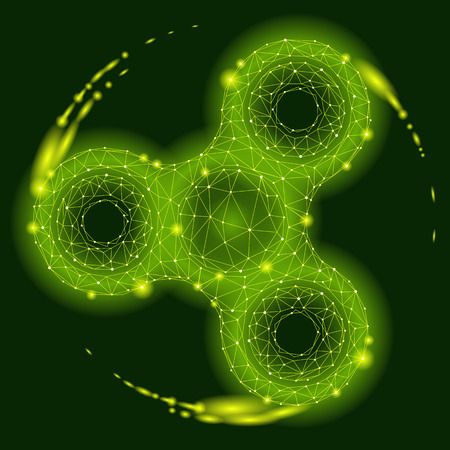 Low poly hand spinner rotation rolling 3d model. Toy fidget antistress hobby. Future technology style triangle dots. Neon green radioactive acid glow color background vector icon illustrationのイラスト素材
