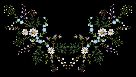 Embroidery trend floral pattern small branches herb daisy with little blue violet flower. Ornate reflection folk fashion patch design neckline blossom on black background vector illustrationのイラスト素材