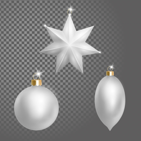 Collection of Christmas ball tree decoration white silver round star and oval shape.のイラスト素材