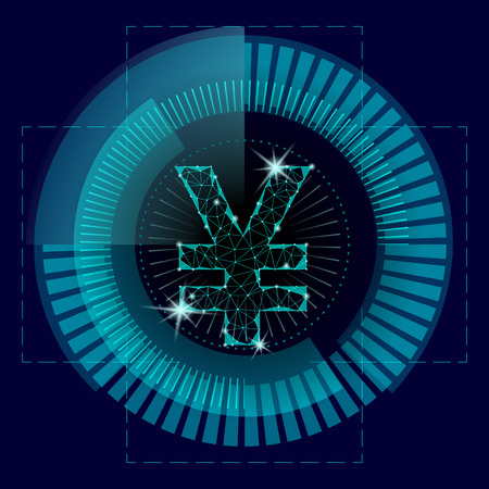 Japanese yen polygonal 3d sign. HUD interface circle panel Japan currency icon blue low poly triangle futuristic modern technology e-commerce online pay concept vector illustration artのイラスト素材