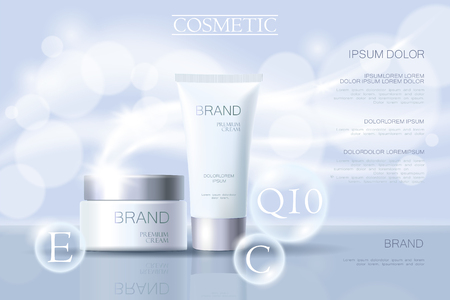 Realistic delicate cosmetic ads banner template. 3d detailed light blue tube metallic silver design commercial promotional element. Defocused blurry glowing wave background vector illustrationのイラスト素材