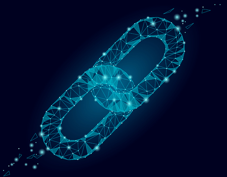 Blockchain link sign low poly design. Internet technology chain icon triangle polygonal hyperlink security business network concept. Blue futuristic style wire connected point vector illustrationのイラスト素材