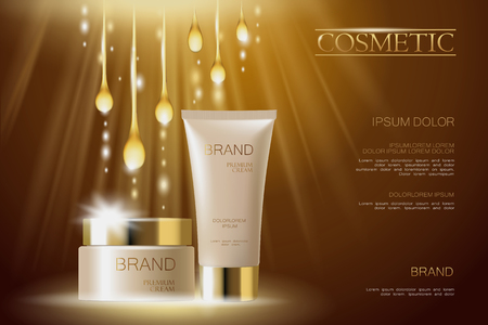 Realistic delicate cosmetic ads banner template. 3d detailed beige tube golden design commercial promotional element. Essential oil drop wave background vector illustrationのイラスト素材