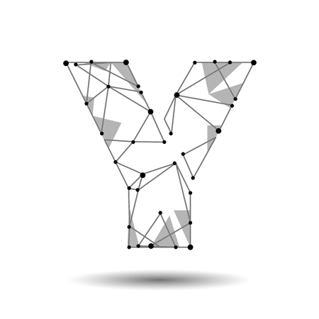 Low poly letter Y English Latin. Polygonal triangle connect dot point line. Black white 3d structure model font type vector logo illustrationのイラスト素材