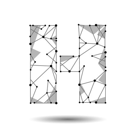 Low poly letter H English Latin Cyrillic. Polygonal triangle connect dot point line. Black white 3d structure model font type vector logo illustrationのイラスト素材