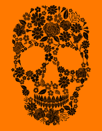 Embroidery skull face orange flower texture mexican patch. Textile print embroidered stitch. Dia de los Muertos Day of the Dead or Halloween card vector illustration background.のイラスト素材