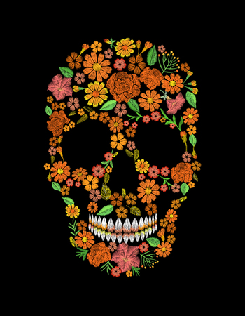 Embroidery skull face orange flower texture mexican patch. Textile print embroidered stitch. Dia de los Muertos Day of the Dead or Halloween card vector illustration background.のイラスト素材
