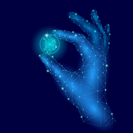 Low poly hand hold bitcoin carefully. Polygonal triangle connected dot point blue cryptocurrency coin. Finance business offer gain blockchain profit concept vector illustrationのイラスト素材