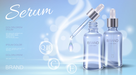 Realistic 3d cosmetic ad template. Light blue transparent glass essence bottle pipette oil vitamin bubble serum face care. Promotional poster template liquid water droplet vector illustrationのイラスト素材
