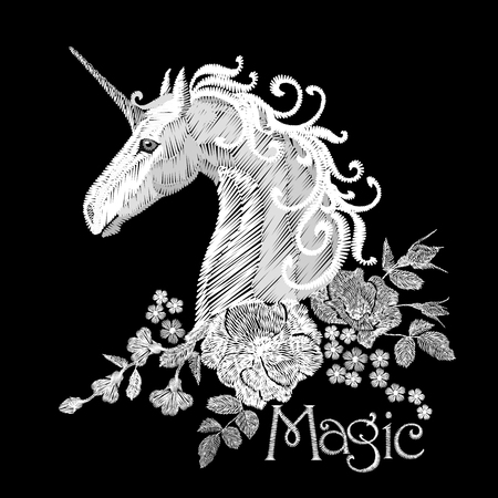 Embroidery white floral pattern with dog roses and forget me not flowers. Unicorn fantasy fairytale dream vector traditional folk fashion ornament on black backgroundのイラスト素材