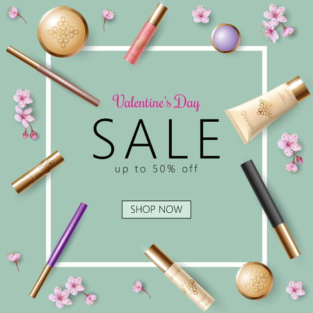 3D realistic Valentine Day sale banner template. Discount offer spring flower sakura pink petal cosmetic package mock up frame design delicate pink beige golden light blue vector illustration art.のイラスト素材