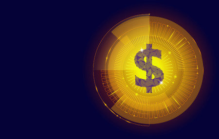Golden dollar target HUD graph interface display. American currency symbol low poly geometric blue icon international finance business concept e-commerce hologram glow vector illustration artのイラスト素材