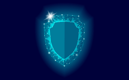 Cyber security safety shield low poly. Polygonal geometric glowing guard save from internet attack antivirus. Blue defense space futuristic modern design vector illustration artのイラスト素材