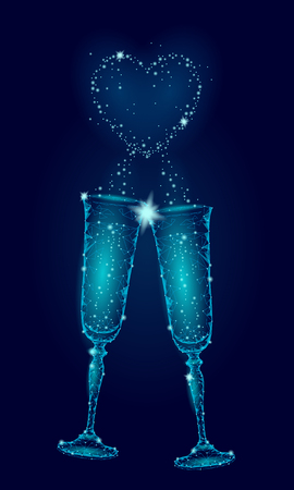 Two 3d champagne glass heart shape bubble sparkles. Romantic love Valentine Day celebration wedding date couple.のイラスト素材