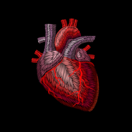 Embroidery crewel human anatomic heart medicine organ. Red stitch embroidered design texture detailed patch. Fashion decoration template vector illustrationのイラスト素材