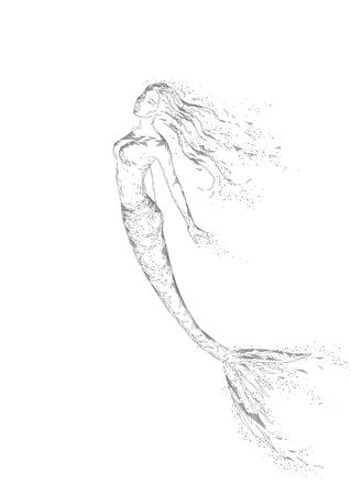 Low poly mermaid triangle myth creature fairy fantasy mystic. Poligonal point line abstract neutral gray white geometric. Beautiful underwater depth ocean vector illustration artのイラスト素材