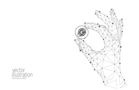 Global cryptocurrency GCC coin blockchain link low poly hand. Polygonal geometric 3d render point live digital electronic banking future innovation business technology vector illustrationのイラスト素材
