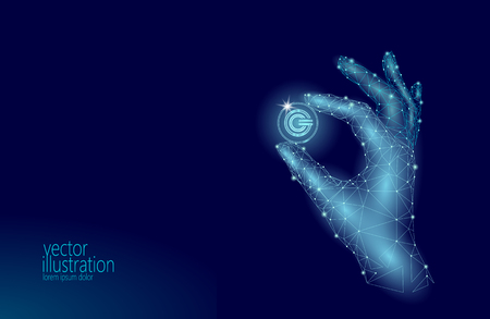Global cryptocurrency GCC coin hold finger low poly hand. Polygonal geometric 3d render point live digital electronic banking future innovation business technology vector illustrationのイラスト素材