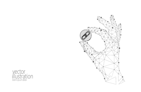Global cryptocurrency GCC coin blockchain link low poly hand. Polygonal geometric 3d render point live digital electronic banking future innovation business technology vector illustrationのイラスト素材
