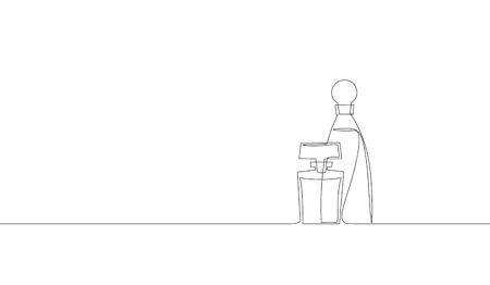 Single continuous line art perfume bottle silhouette. Woman fragrance glamour symbol glass package aroma spray concept design one sketch doodle outline drawing vector illustration art.のイラスト素材