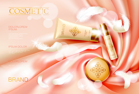 Realistic skin care cream. Tube spray, container cosmetic light background silk soft fabric white feather. 3d template mock up for branding to promote luxury cosmetic product vector illustration.のイラスト素材