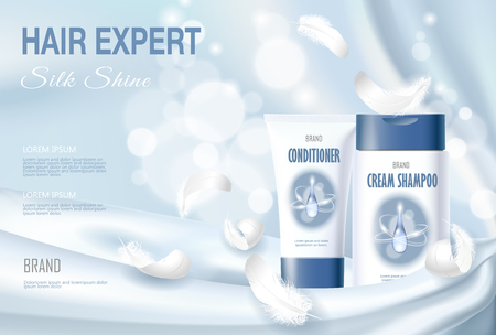 Realistic skin care cream. Tube spray, container cosmetic light background silk soft fabric white feather. 3d template mock up for branding to promote luxury cosmetic product vector illustrationのイラスト素材