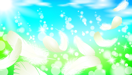 Realistic bright sunny spring landscape green grass blue sky light background white swan bird feather flying. 3d template promotional summer nature seasonal sale poster vector illustrationのイラスト素材