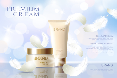 Realistic foundation skin tone. Tube container golden cosmetic light background blue sunny sky spring white feather.のイラスト素材