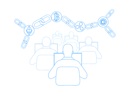 Ethereum Bitcoin Ripple GCC coin digital cryptocurrency global chain connection. Big data information mining technology. Blue abstract web internet international safety payment vector illustration artのイラスト素材