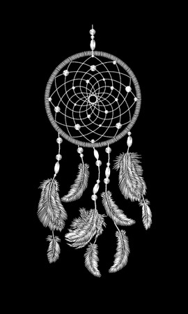 Embroidery boho native american indian dreamcatcher feathers. Clothes ethnic tribal fashion design dream catcher. Fashionable template vector illustration artのイラスト素材