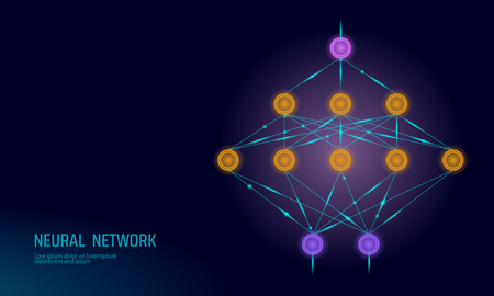 Neural net. Neuron network. Deep learning. Cognitive technology concept. Logical artificial intelligence memory processor mathematics. Violet neon color gold yellow glowing vector illustration artのイラスト素材