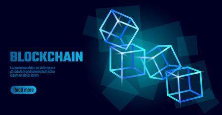 Blockchain cube chain symbol on square code big data flow information. Blue neon glowing modern trend. Cryptocurrency finance bitcoin business concept vector illustration background templateの写真素材