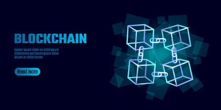Blockchain cube chain symbol on square code big data flow information. Blue neon glowing modern trend. Cryptocurrency finance bitcoin business concept vector illustration background templateの写真素材