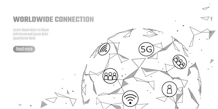 Global network connection 5G internet high speed rate. World point line worldwide information technology data exchange business. Planet Earth space low poly polygonal render vector Illustrationの写真素材