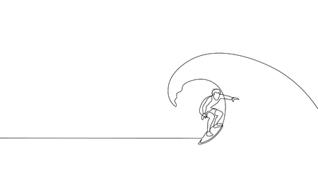 Single continuous one line art surfer vacation sea wave. Active sport summer holiday tropical luxury journey surfboard concept design sketch surfing outline drawing vector illustrationのイラスト素材