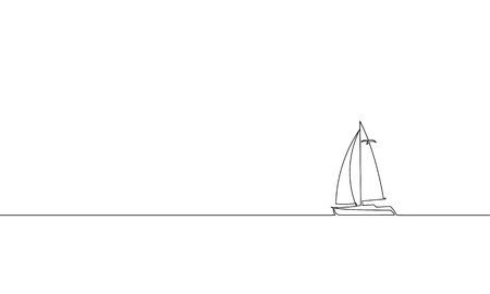Single continuous one line art ocean travel vacation. Sea voyage holiday tropical island ship yacht luxury journey concept design sketch outline drawing vector illustrationのイラスト素材