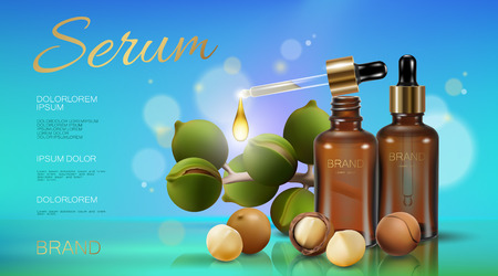 Realistic 3d macadamia nut oil cosmetic ad template. Light blue sunny sky transparent glass essence bottle pipette serum face hair care render. Promotional poster template droplet vector illustrationのイラスト素材