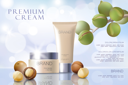 Realistic 3d macadamia nut oil cosmetic ad template. Soft color light white silver essence tube mockup serum face hair care render. Promotional poster template vector illustrationのイラスト素材