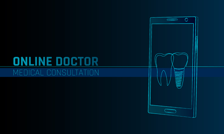 Doctor online medical app mobile applications. Digital healthcare medicine diagnosis concept banner. Human smartphone one line continuous tooth implant dentistry technology vector illustrationのイラスト素材