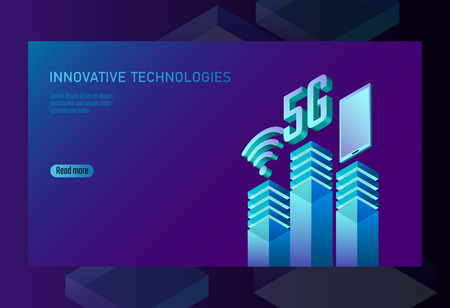 5G new wireless internet wifi connection. Smartphone mobile device isometric blue 3d flat. Global...