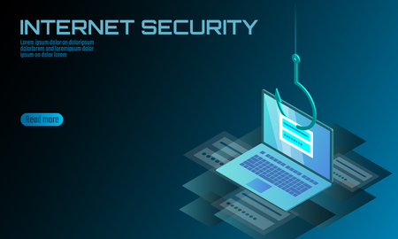 Isometric 3D laptop login password phishing. Personal information account email hacker. Spam antivirus internet security spam concept banner template card vector illustrationのイラスト素材