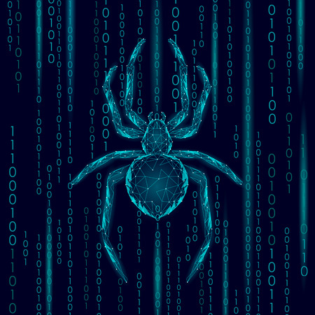 Low poly spider hacker attack danger. Web security virus data safety antivirus concept. Polygonal modern design business concept. Cyber crime web insect bug technology vector illustration artのイラスト素材
