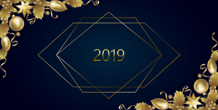 Realistic New Year golden banner greeting card. Holly berry gold corner. Vintage winter 2019 holiday decoration design element template 3d render mesh gold party invitation vector illustration artのイラスト素材
